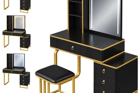 Tavolo da trucco con specchio a LED, cosmetico, illuminazione, mobiletto, sgabello, nero e oro
