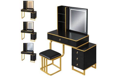 Tavolo da trucco con specchio a LED, cosmetico, illuminazione, mobiletto, sgabello, nero e oro