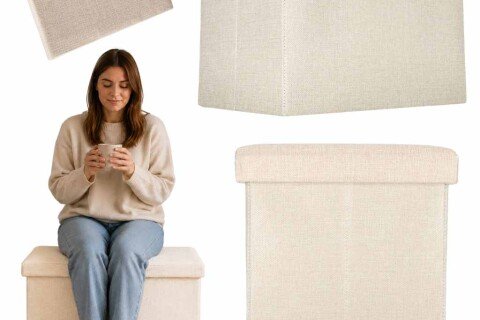 Sitzhocker mit Staufach, aufklappbar, 50 x 31 x 31 cm, beige