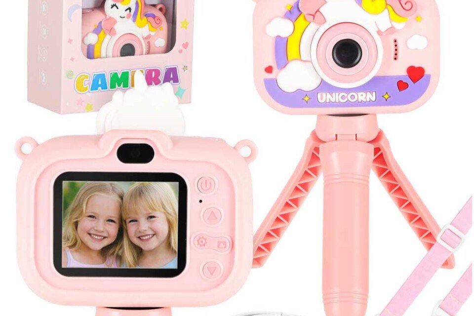 Aparat foto digital pentru copii pe trepied, unicorn roz