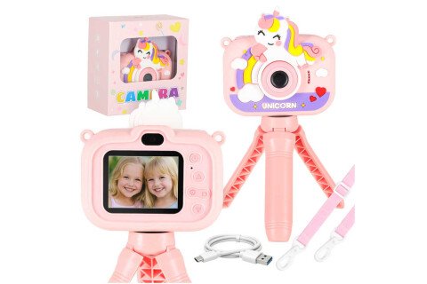 Aparat foto digital pentru copii pe trepied, unicorn roz