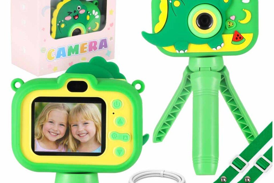 Digitalkamera für Kinder auf einem Stativ, Dinosauriergrün