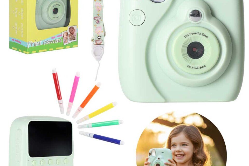 Instantní digitální fotoaparát, 16x 128GB kazety, fixy, zelené