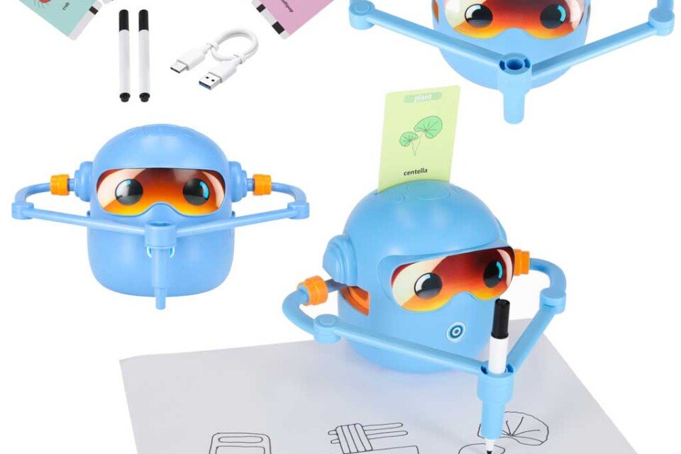 Διαδραστικό εκπαιδευτικό ρομπότ παιχνιδιών που μαθαίνει να σχεδιάζει, μπλε κάρτες, μαρκαδόροι