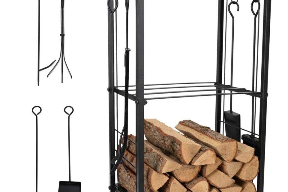 Stojalo za drva, kovinska polica, dodatki za kamin