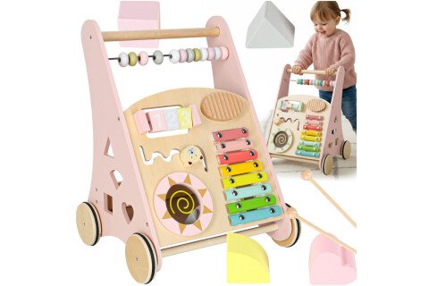 Otroška hojica, lesena potiskalka z roza abakom