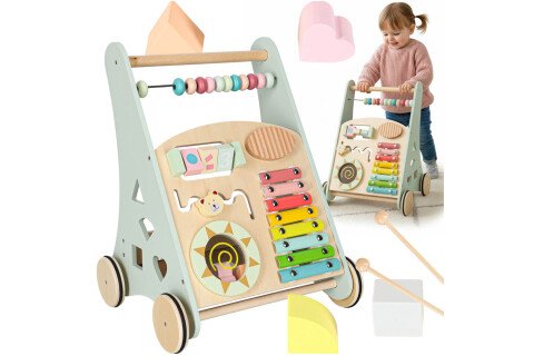 Drvena hodalica za bebe s abakusom, plava