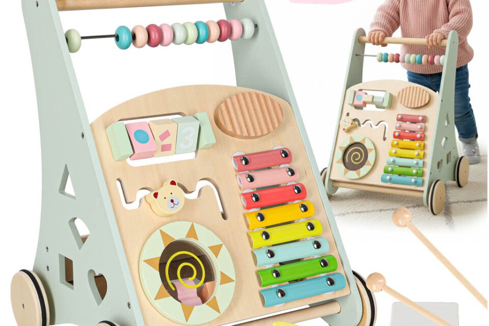 Drvena hodalica za bebe s abakusom, plava