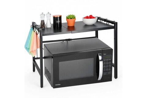 Kuchyňská police nad mikrovlnnou troubou, nastavitelný kovový organizér, 6 háčků