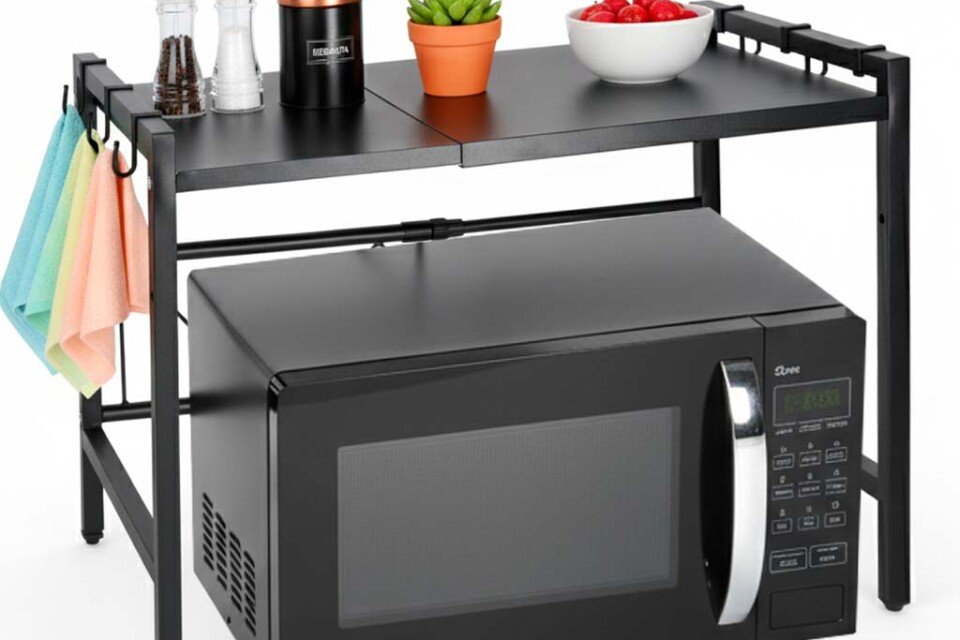 Kuchyňská police nad mikrovlnnou troubou, nastavitelný kovový organizér, 6 háčků