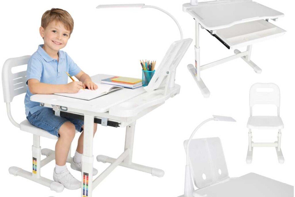 Biurko szkolne dla dzieci, krzesło regulowane, lampka LED, USB, białe