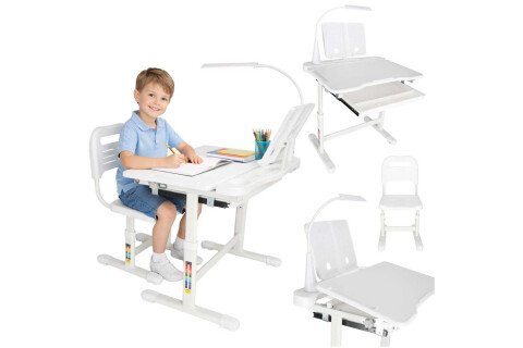 Biurko szkolne dla dzieci, krzesło regulowane, lampka LED, USB, białe