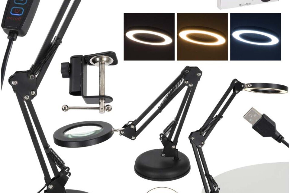 LED stolní lampa s lupou, otočné rameno, 2 možnosti montáže