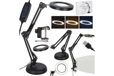 LED stolní lampa s lupou, otočné rameno, 2 možnosti montáže