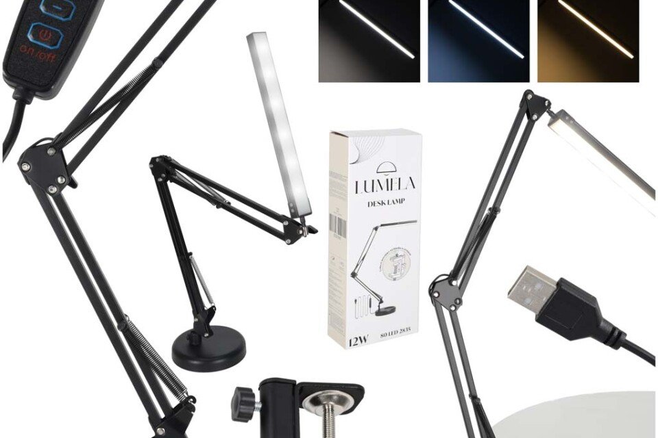 LED-USB-Schreibtischlampe mit drehbarem Griff und zwei Befestigungsmöglichkeiten