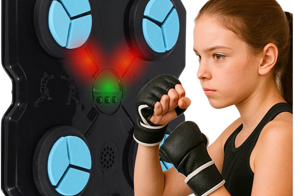 Scudo da allenamento per boxe da montare a parete, trainer, musica, LED, USB, guanti