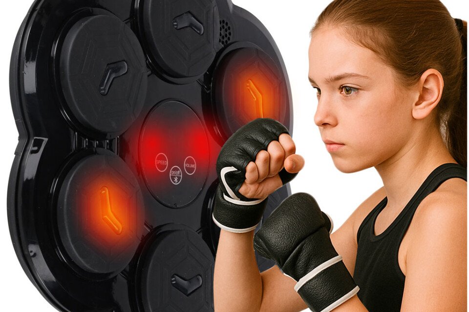 Scudo da allenamento per boxe da montare a parete, trainer, musica, LED, USB, guanti