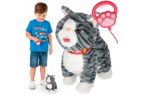 Interaktív kiscica pórázon, nyávog, sétál, mozgatja a farkát, szürke