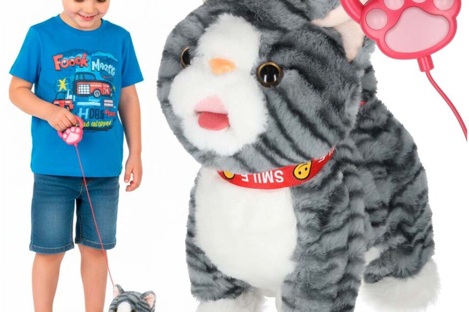 Interaktív kiscica pórázon, nyávog, sétál, mozgatja a farkát, szürke