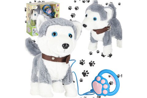 Interaktywny pies na smyczy szczeka, chodzi, merda ogonem Husky