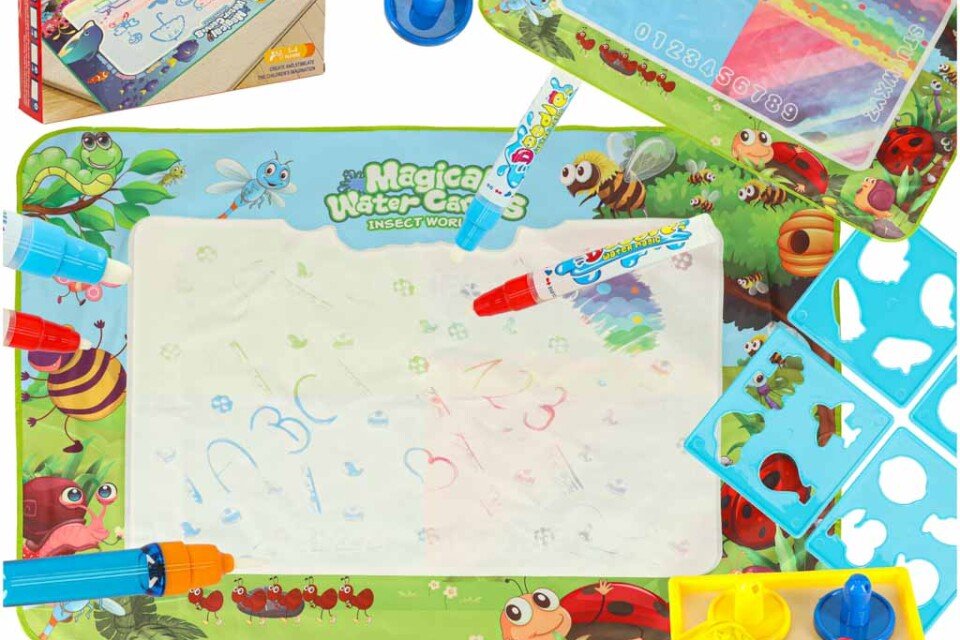 Vízszőnyeg festéshez, vízzel való rajzoláshoz, filctollak, pecsétek, sablonok, roller 120x90cm rét