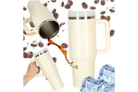 Termo šolja sa slamkom i drškom, termos, 1200 ml, kremasta