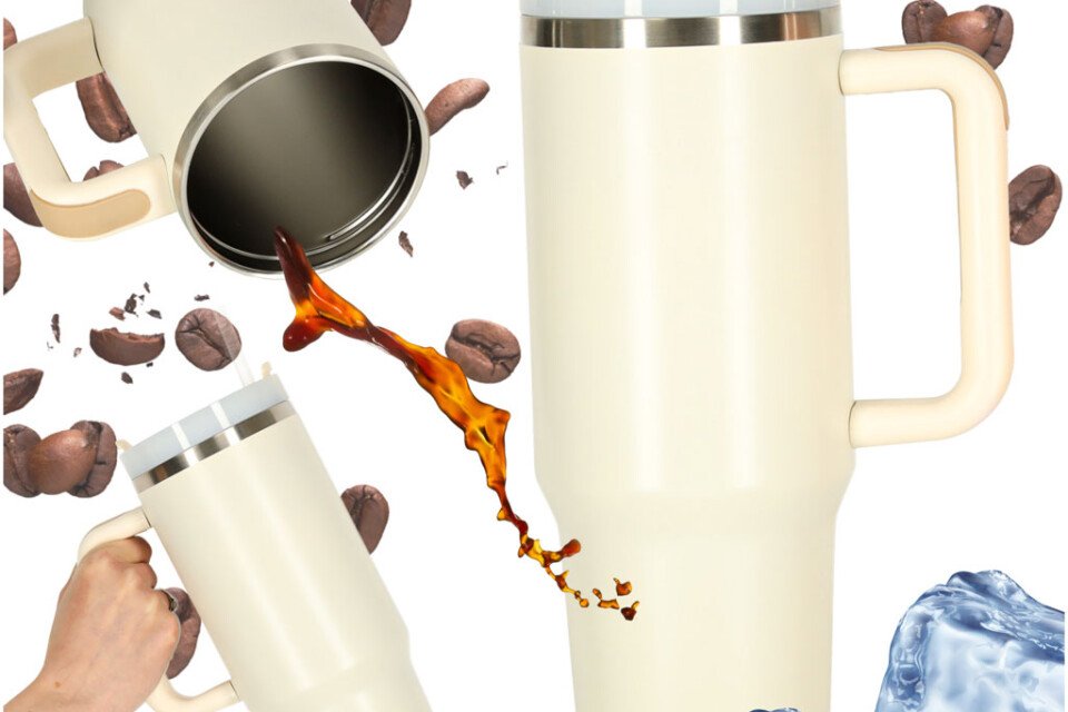 Termo šolja sa slamkom i drškom, termos, 1200 ml, kremasta