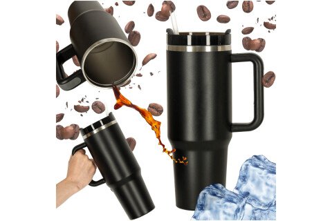 Termo šalica sa slamkom i ručkom, 1200 ml, crna