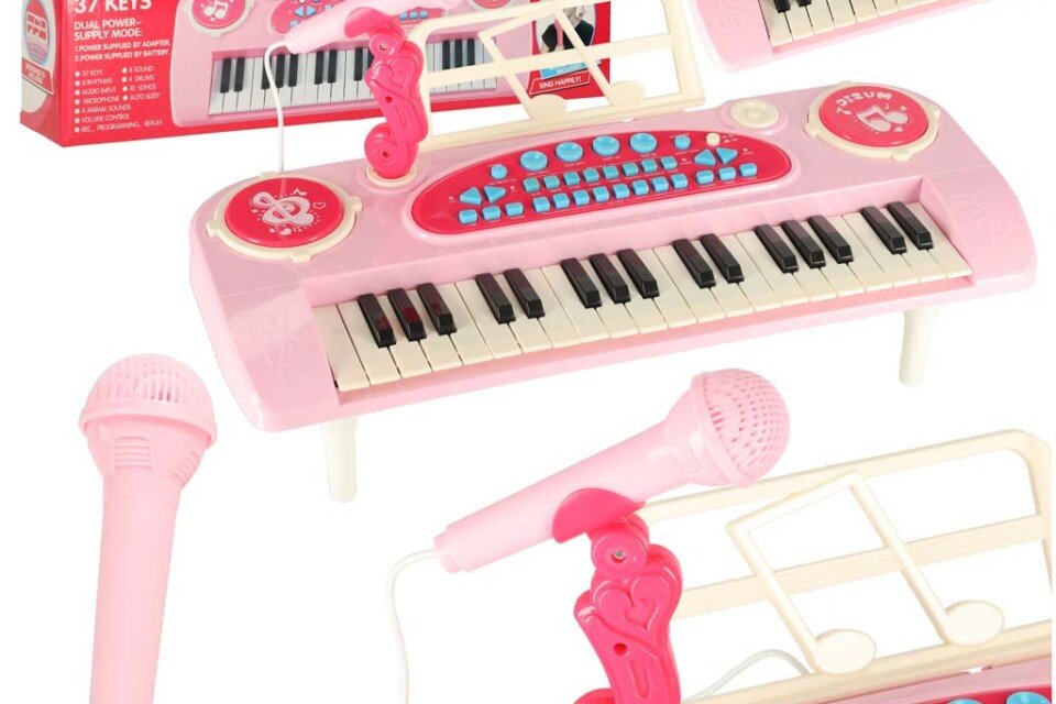 Keyboard für Kinder, Interaktives Klavier, Orgel, 37 Tasten, Mikrofon, Ständer, Pink
