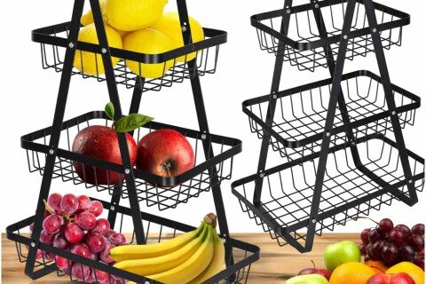 Korpa za voće i povrće, troslojna, metalna, drveni poslužavnik