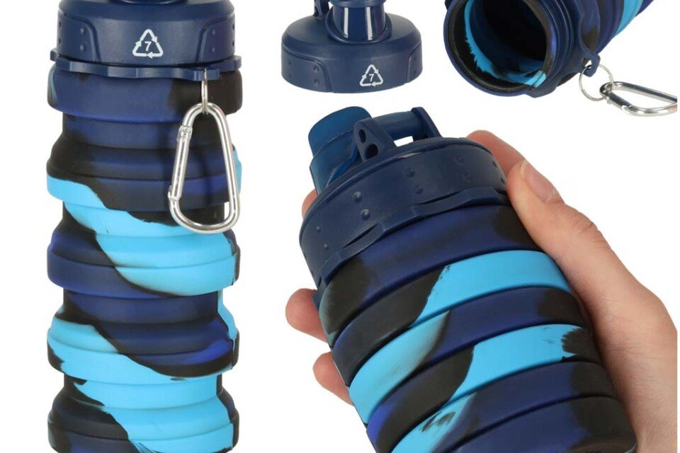 Składana butelka na wodę z silikonu z uchwytem, bez BPA, 500 ml, niebieska