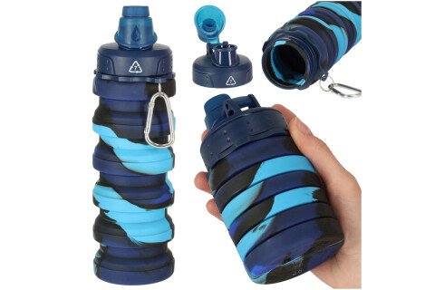 Składana butelka na wodę z silikonu z uchwytem, bez BPA, 500 ml, niebieska