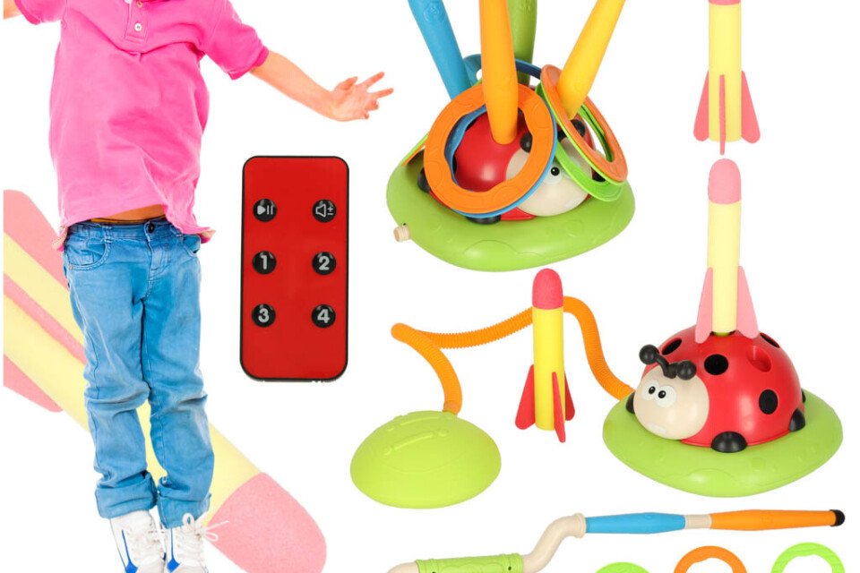 Gra sportowa dla dzieci, skakanka, rzucanie do celu, wyrzutnia biedronek 3 w 1