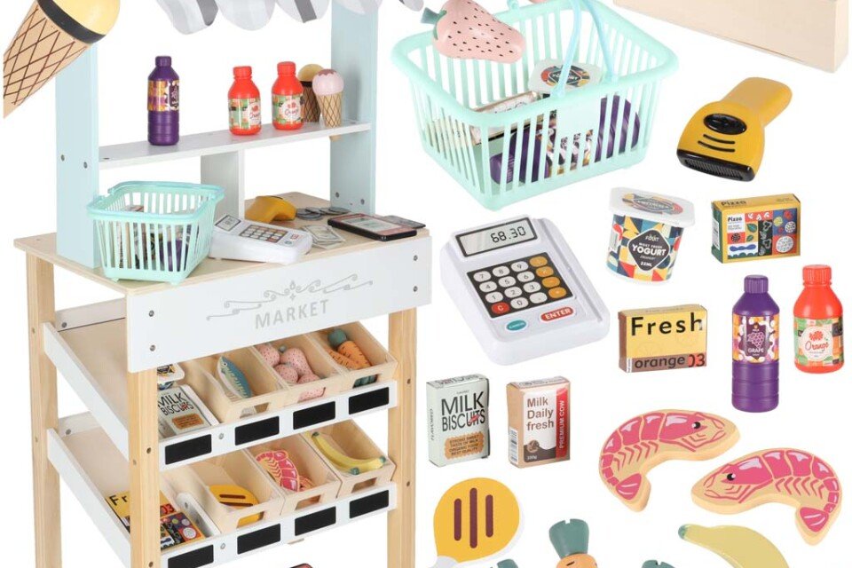 Stand de supermarket din lemn LULILO Melo cu casă de marcat