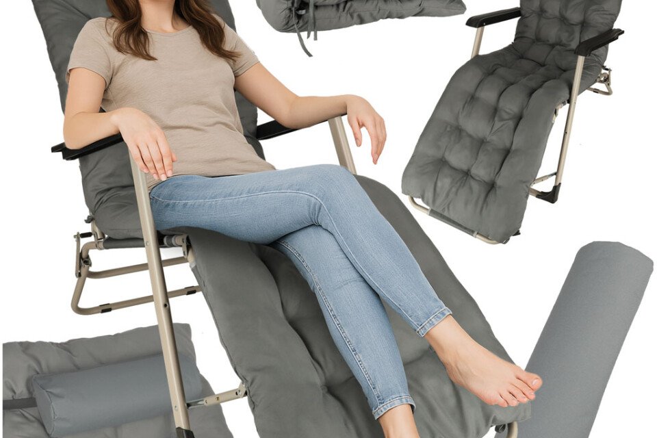 Vrtna ležaljka LUARO, sklopiva turistička stolica s jastukom, siva