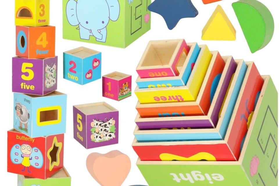 Drveni edukativni toranj za sortiranje po oblicima za učenje brojanja 71 cm XXL