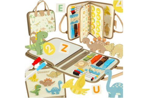 Tablica sensoryczna Montessori z walizką w kształcie dinozaura