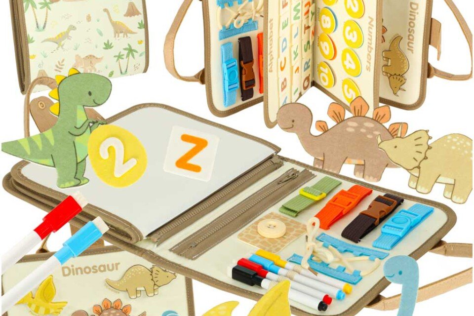 Tablica sensoryczna Montessori z walizką w kształcie dinozaura