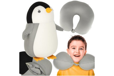 Pernă de călătorie 2 în 1 croissant sub gât pentru mașină avion mascota pinguin