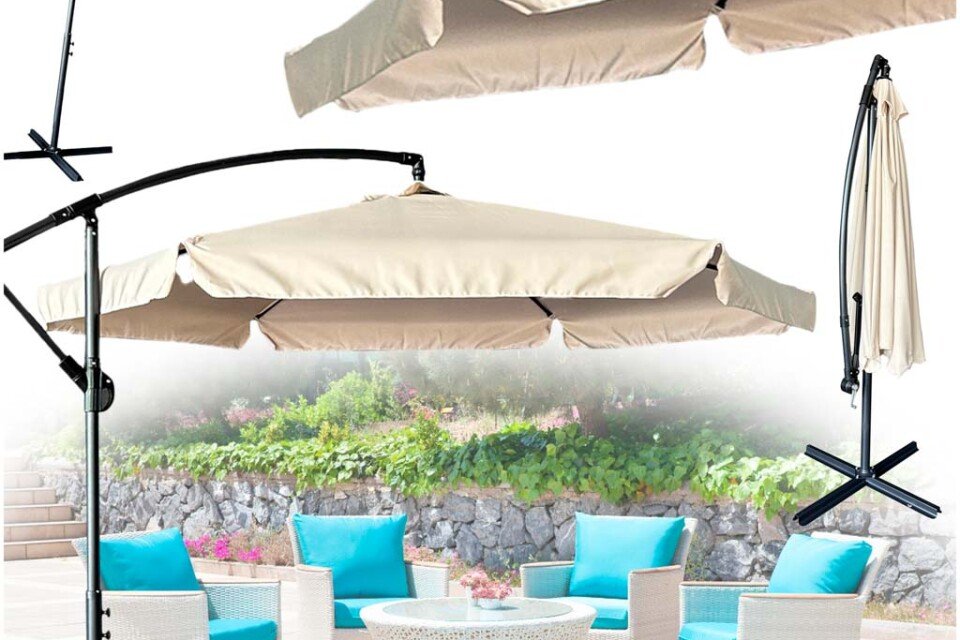 Großer klappbarer Gartensonnenschirm mit Arm 290 cm beige