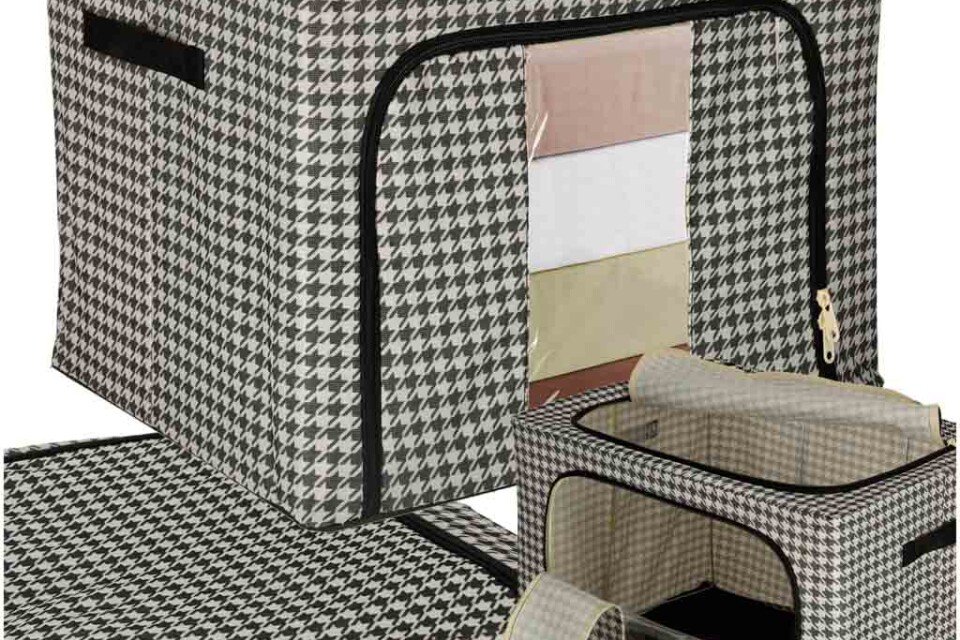 Borsa organizer per biancheria da letto con telaio, bianco, nero, 100 litri