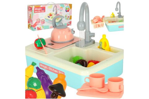Chiuveta de bucatarie pentru spalat vase pentru copii cu accesorii ceainic plita cu inductie XXL albastru