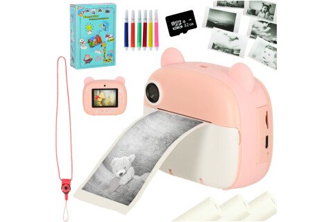 Cameră instantanee, imprimantă termică + cartușe, card 32GB, ursuleț roz