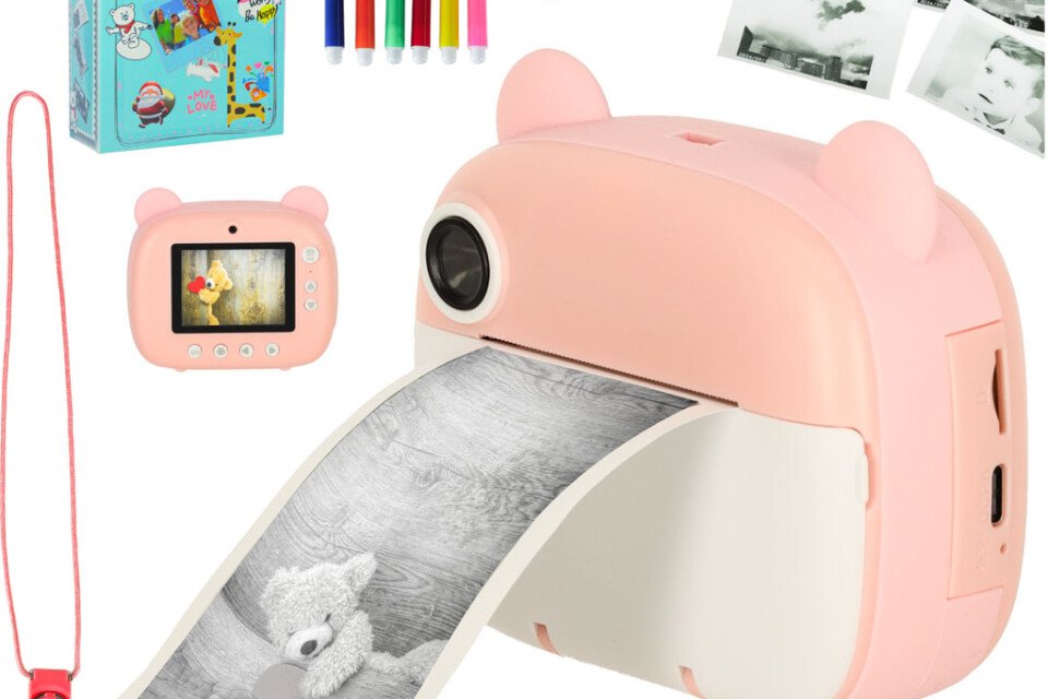 Cameră instantanee, imprimantă termică + cartușe, card 32GB, ursuleț roz