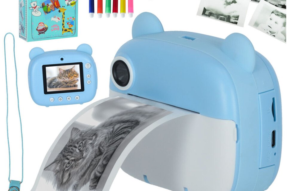 Fotocamera istantanea, stampante termica + cartucce, scheda da 32 GB, orso blu
