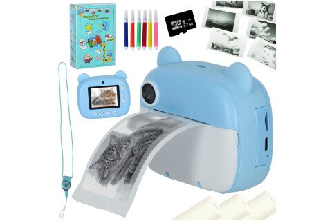 Fotocamera istantanea, stampante termica + cartucce, scheda da 32 GB, orso blu