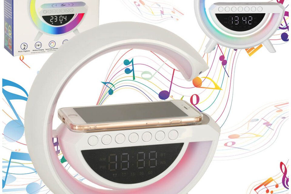 Lampă LED RGB, încărcător cu inducție, radio, ceas cu alarmă