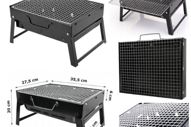 Cestovný gril na drevené uhlie skladací v kufríku, prenosný na kempovanie