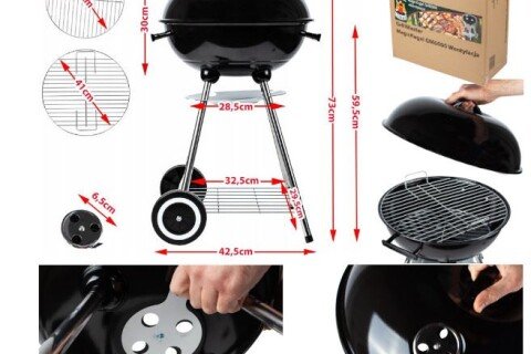 Faszén kerti grill szellőzőfedéllel és polccal