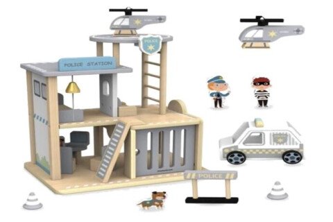 Holzgleis der Polizeistation + Parkplatz für Polizeiauto-Helikopter